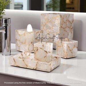 Rock Crystal Stone Bathroom Accessory for Spas || Set of 5 Pcs Handmade Arts Modern Vanity Countertop Organizer || & Unique Items Decorative