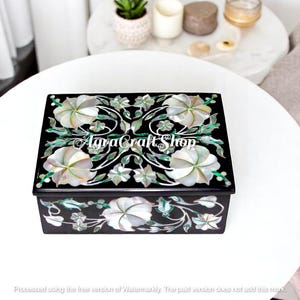 6&quot;x4&quot;x2&quot; Rectangle Black Marble Utility Jewelry Box Mother of Pearl Inlaid Floral Art Trinket Purpose Box, Hand Carved Storage Keepsake Case