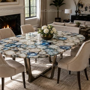 Mesa de comedor ovalada de piedra de ágata, tablero de mosaico de piedras preciosas azules, mesa de piedra natural de diseño exclusivo, muebles de comedor de lujo.