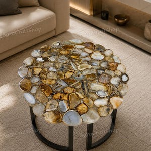 Natural Agate Coffee Table, Round Semi Precious Stone Table, Luxury Living Room Furniture