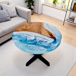 Adorable Ocean Wave Epoxy Resin Coffee End Table Tops with Iron Legs Natural Acacia Wood Counter Desk for Restaurant Elegant Home Furniture