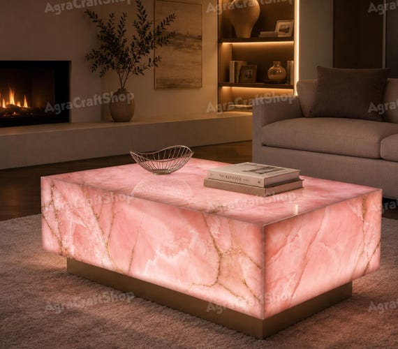 Couchtisch aus rosa Onyx, luxuriöser Couchtisch aus Naturstein, moderne Wohnzimmermöbel