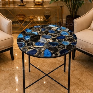 Natural Blue Agate Round Table, Black Geode Gemstone Mosaic Top, Modern Luxury Coffee Table for Living Room Decor