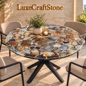 Natural Agate Stone Round Table, Handmade Gemstone Coffee Table, Luxury Crystal Side Table, Custom Agate Tabletop, Unique Home Decor