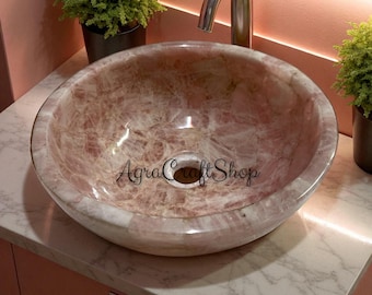 Umywalka nablatowa z różowego kwarcu: okrągła, różowa, kryształowa umywalka łazienkowa