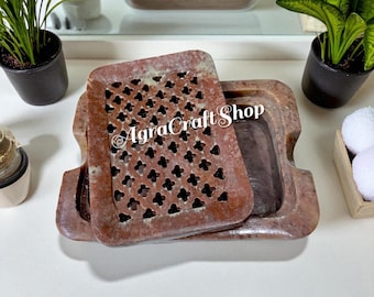 Handmade Marble Soap Dish with Gemstone Inlay - Jaali Carved Stone Tray