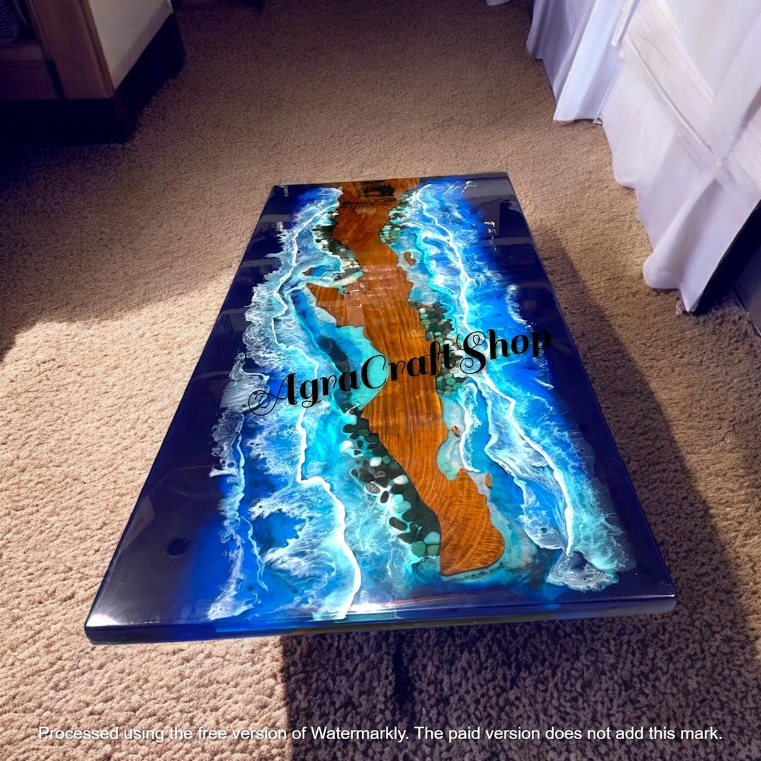 Ocean Wave Epoxy Resin Dining Table Console Counter Top Natural Acacia ...