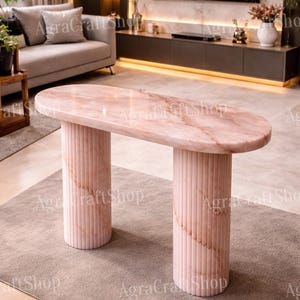 Handmade Rose Onyx Pedestal Console Table with Stand Luxury Natural Stone Oval Living Room Center Table Design
