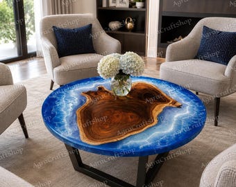 Blauwe epoxy rivier salontafel, handgemaakte houten tafel met live edge, Ocean Wave Center-tafel, modern woonkamermeubilair