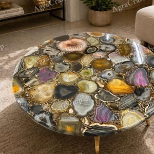 Mixed Agate Stone Coffee Table, Round Luxury Furniture, Elegant Living Room Decor