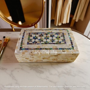 Handgemachte Marmor Inlay Schmuckschatulle | Perlmutt & Abalone Shell Mosaikstein | Sammler Andenken Aufbewahrungsbox | Einzigartiges Geschenk für Party&#39;s