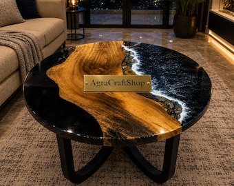 Mesa de centro artesanal Round River, móvel de resina com arte oceânica, decoração moderna para sala de estar.