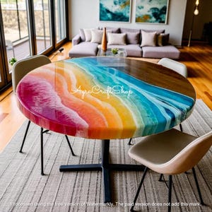 Multicolor Round Epoxy Coffee End Table Top, Handmade Modern Artwork with Rainbow Ocean Wave Design Elegant Custom River Furniture Decors