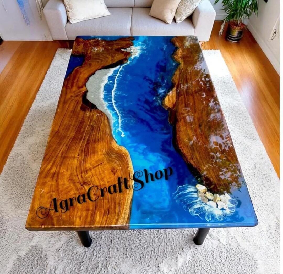 Blue Epoxy Ocean Resin Center Dining Tabletop Beautiful Wave Design ...