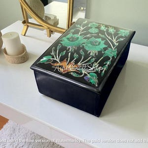 4&quot;x3&quot;x2&quot; Black Marble Trinket Jewelry Box - Handcrafted modern Art with Malachite Mosaic Gemstone - Elegant Storage Wedding Gift for Bride