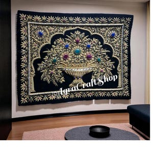 Royal Zardozi Embroidery – Velvet Wall Decor with Semi Precious Stones/ Regal Indian Golden Thread Tapestry Jewel Carpet, and Fabric Artwork