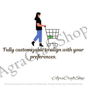 May include: Illustration of a person pushing a shopping cart with green items inside. The person is wearing a black shirt and blue pants. Text reads: "Fully customizable to align with your preferences."