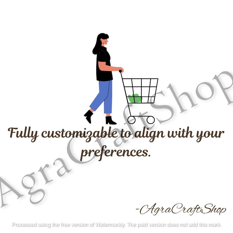 May include: Illustration of a person pushing a shopping cart with green items inside. The person is wearing a black shirt and blue pants. Text reads: "Fully customizable to align with your preferences."