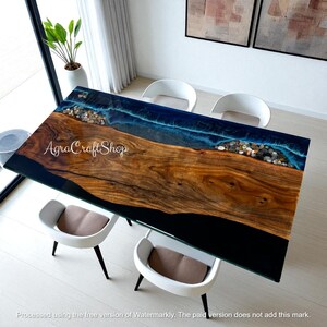Blue Ocean Sea Epoxy Black Resin Dining Table Natural Acacia Wood Elegant Wave Modern Design Bar Countertop & Housewarming Furniture Decors