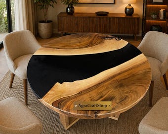Mesa redonda de madera con borde natural y resina epoxi, mesa de centro de resina negra, mesa auxiliar de madera maciza hecha a mano para la decoración de salas de estar modernas.