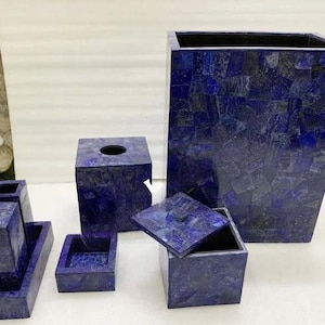 Lapis lazuli stone bathroom set – luxury 7 pcs tooth brush holder, soap dispenser, blue gemstone random art, accessory decorative for hotels