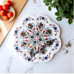 10&quot; Beautiful Marble Serving Plate Handmade Inlay Floral Art with Semi Precious Stone Unique Modern Design Traditional Kitchenware Decors