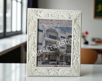 Handmade Marble Photo Frame: Elegant Jali Cutwork, Gemstone Inlay