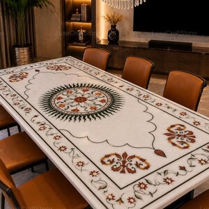Premium white marble dining tabletop with semi precious gemstone inlay, Designer rectangular marble dining table with detailed floral artwork