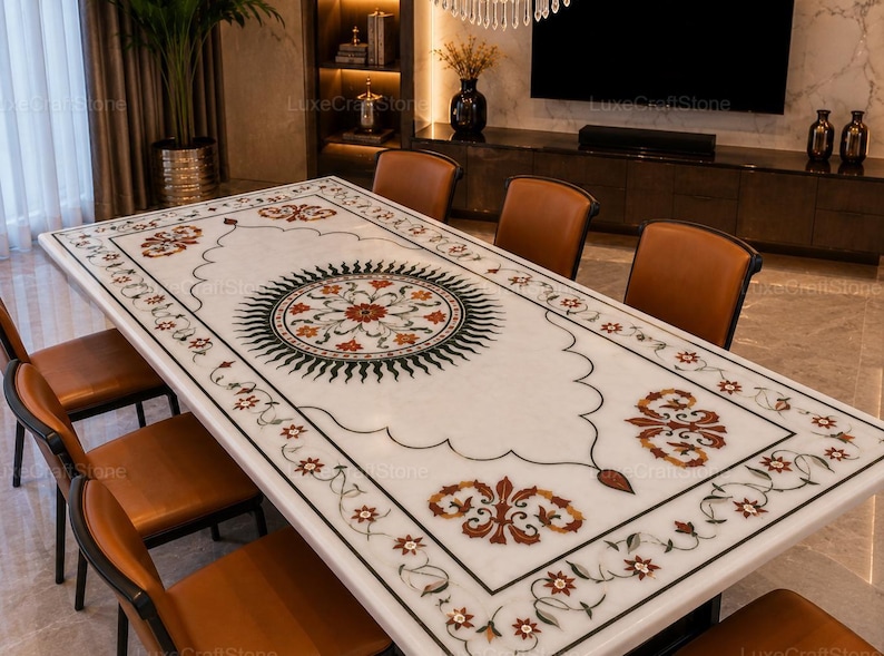 Premium white marble dining tabletop with semi precious gemstone inlay, Designer rectangular marble dining table with detailed floral artwork