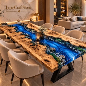 Custom Blue Epoxy Resin Dining Table with Iron Stand, Natural Burl Wood Furniture, Large Rectangle River Table, Modern Luxury Home Decor
