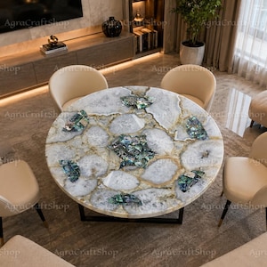 Handmade White Agate Coffee Table | Natural Stone & Abalone Gemstone Furniture