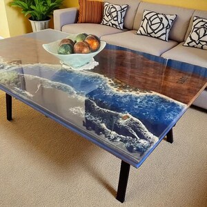 Live Edge Ocean Resin Epoxy Dining Table – Stunning Customized Furniture for Perfect Living Room – Inspired Coastal Design & Modern Home Dec