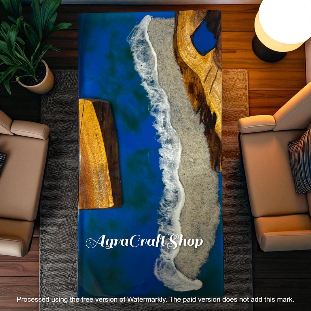 Blue Ocean Epoxy Resin Dining Tabletop Handmade Art Elegant Live Edge ...