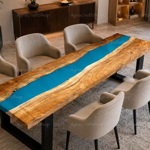 Blue Epoxy River Dining Table | Live Edge Wood Resin Luxury Rectangle Dining Table Modern River Table Custom Wood & Epoxy Furniture