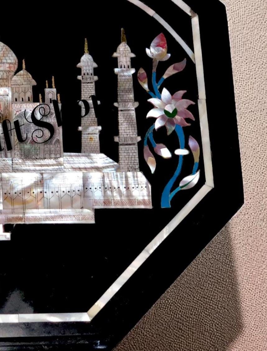 手作りの黒大理石の八角形テーブル：タージ・マハルの花象嵌 - Etsy 日本