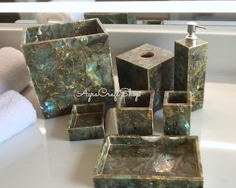 Labradorite Stone Bathroom Accessories Set - 7-Piece Luxury Bath Decor