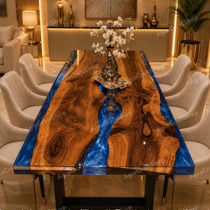 Handmade Blue Resin Dining Table | Rectangle River Table with Metal Base | Modern Dining Room Decor