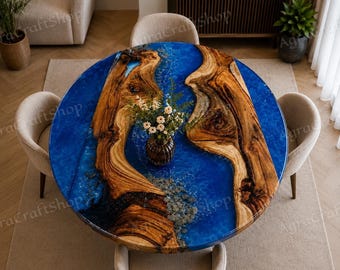 Mesa de centro redonda de resina epoxi azul, mesa de madera hecha a mano con diseño de río, muebles de lujo para sala de estar, mesa de centro moderna, diseño de río oceánico.