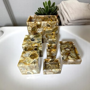 Agate Bathroom Accessories, Set of 7 Pcs, Natural Crystal Gem Stone, Vanity Tops, Handmade Arts Dustbin, Soap Dispenser & Tray Luxury Items