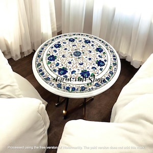 Hand Carved White Marble Centerpiece Table Tops Semi Precious with Lapis Stone , Inlaid Floral Art Luxury Console Bar, Dining Room Furniture