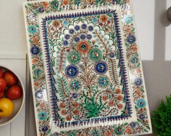 Witmarmeren dienblad: Pietra Dura-steen inlegwerk, woondecoratie