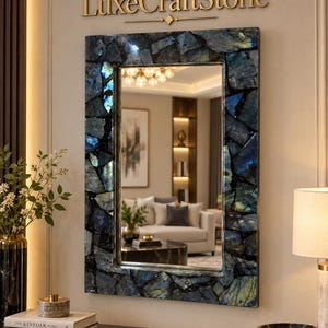 Handmade Labradorite Stone Mirror, Tall Rectangular Mineral Frame, Iridescent Wall Art for Luxury Bathroom Vanity and Home Decor