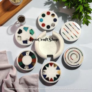 set of 6 pcs elegant marble coaster set with holder/ semi precious stone and new coaster design/ handmade art luxury drink coaster for table