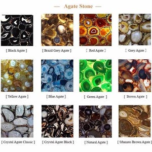 May include: A grid of twelve agate stone samples, each with a unique color and pattern. The samples include Black, Brazil Grey, Red, Grey, Yellow, Blue, Green, Brown, Crystal Agate Classic, Crystal Agate Black, Natural, and Sfumato Brown Agate.