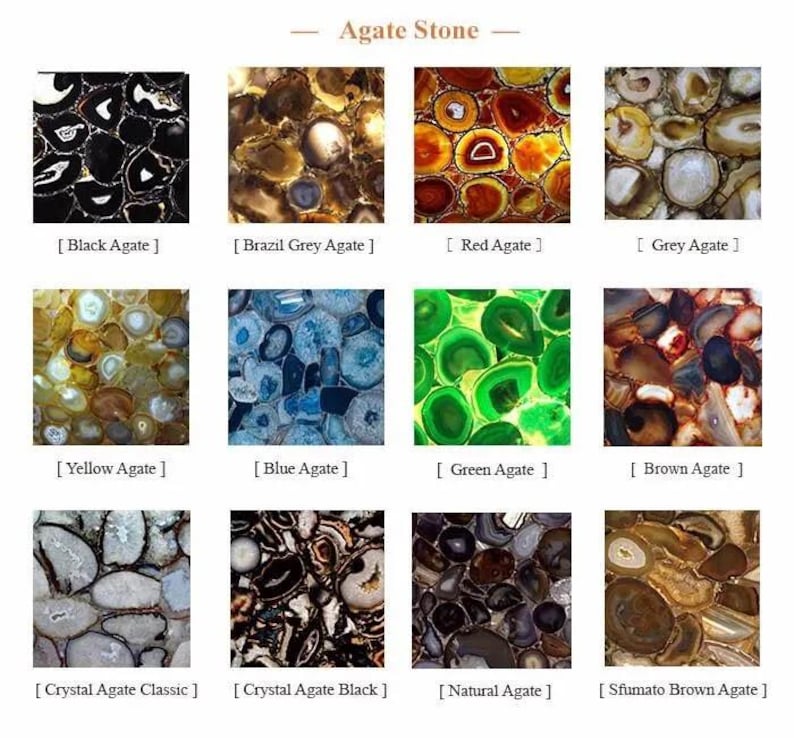 May include: A grid of twelve agate stone samples, each with a unique color and pattern. The samples include Black, Brazil Grey, Red, Grey, Yellow, Blue, Green, Brown, Crystal Agate Classic, Crystal Agate Black, Natural, and Sfumato Brown Agate.