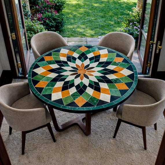 Runder Mosaik Couchtisch handgefertigt mit Natursteinintarsien - Marmortisch mit Blumenmuster - Luxusmöbel für Wohnkultur