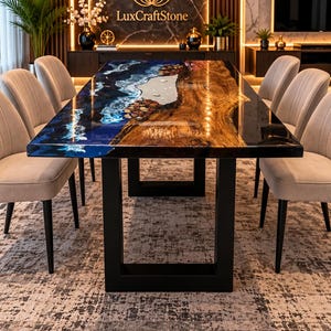 Custom Wooden Epoxy Dining Table, Deep Blue Resin Ocean Design, Rectangle River Table, Luxury Home Furniture