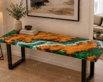 Mesa consola Green Epoxy River, muebles de pasillo de madera de acacia con borde natural.