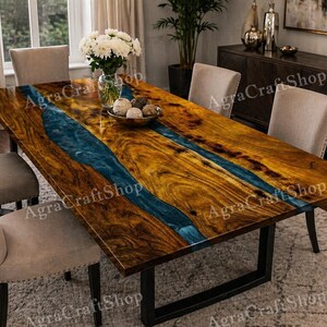 Mesa de resina azul / Mesa de comedor de madera maciza con resina epoxi / Mesa de comedor artesanal con borde natural y soporte de hierro