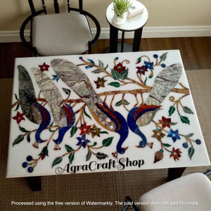White Marble Dining Table with Peacock Inlay | Semi-Precious Stone Center Table | Handmade Art Luxury Furniture for Housewarming Decorative